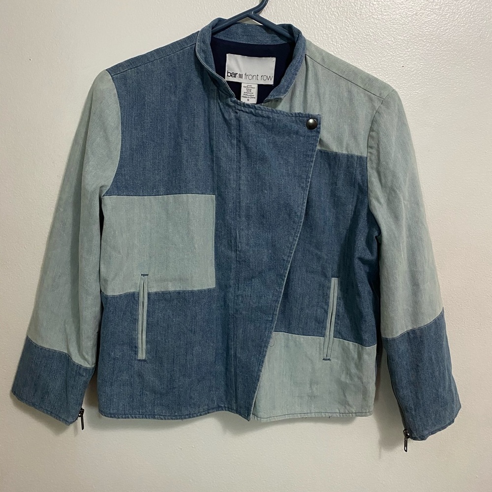 Bar III Colorblock Denim Moto Jacket | Size S | Patchwork Jean Zip Front Coat